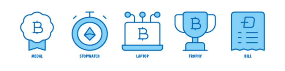 Bill, Trophy, Laptop, Stopwatch, Medal editable stroke outline icons set isolated on white background flat vector illustration.