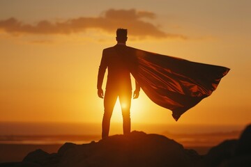 Backlit silhouette of a successful businessman with a cape, standing against a sunrise, symbolizing freedom and victory in business
