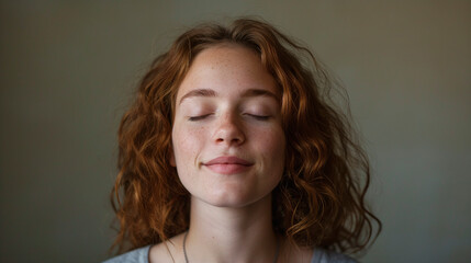 Naklejka premium Fotografía de la cara de una chica joven, guapa, en primer plano, con los ojos cerrados, relajada, en momento de meditación