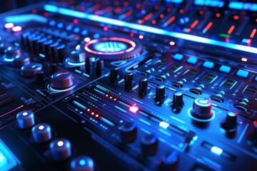 Visually interpret a high-tech audio control panel, which could be used in advanced illustrations and 3D animation, submerged in a unique background setting