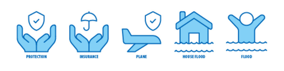 Flood, House Flood, Plane, Insurance, Protection editable stroke outline icons set isolated on white background flat vector illustration.