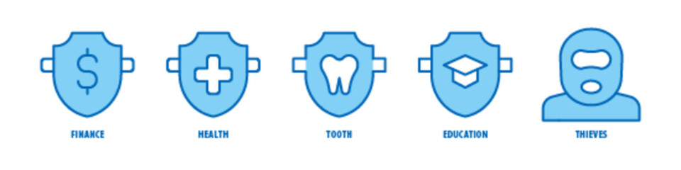 Thieves, Education, Tooth, Health, Finance editable stroke outline icons set isolated on white background flat vector illustration.