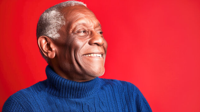 Portrait of an Elderly Man with a Warm Smile on Red Background