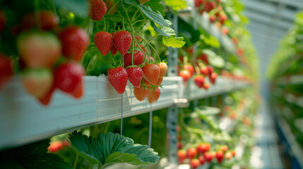 Strawberry in smart greenhouse vertical plant of hydroponics vertical farm. Organic fresh fruit harvested strawberry. Generative AI