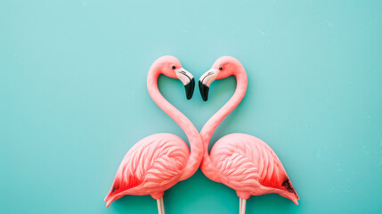 Two Flamingo Figures Creating a Heart Shape on a Turquoise Background
