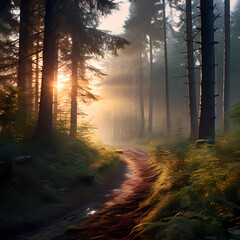 Enchanting forest at sunrise.