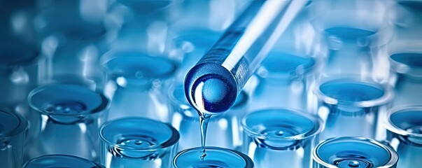 A drop of blue liquid is placed on a test tube for immunosorbent