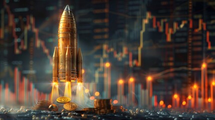 a gleaming golden rocket with cryptocurrency coins like Bitcoin against a backdrop of rising and falling stock candles in a dark, digital atmosphere