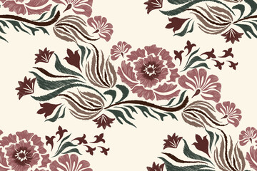 Wallpaper vintage Rose Floral pattern seamless vintage embroidery border with  rose flower motifs. Ethnic Ikat pattern Europe baroque design. Bohemian orange colour vector illustration design .
