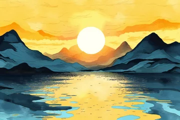 Foto op Plexiglas Mountain landscape with lake and sunset,  Digital painting © Mystic