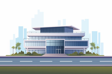 Modern office building with palm trees, green grass and road. Business center with glass windows or shopping center against the backdrop of city silhouettes. Vector illustration. - obrazy, fototapety, plakaty
