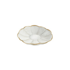 White porcelain tea saucer with gilded rim, Victorian style. Watercolor illustration isolated on white background.