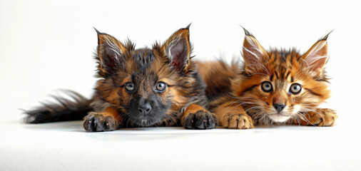 Kitten and puppy on a white background.