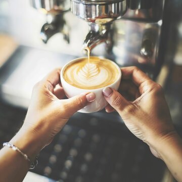 female hands holding a cup of fresh coffee in a bar, morning concept