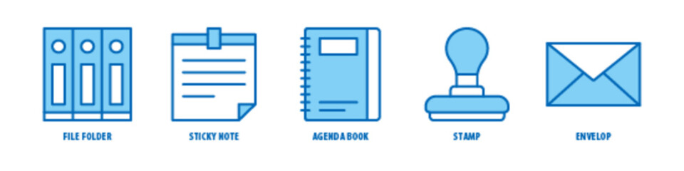 Fototapeta na wymiar Envelop, Stamp, Agenda book, Sticky note, File folder editable stroke outline icons set isolated on white background flat vector illustration.