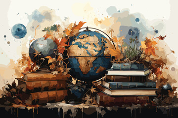 World map and books with forest art design vector illustrations art.