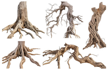 Fototapeta premium collection of twisted tree roots, isolated on a transparent background