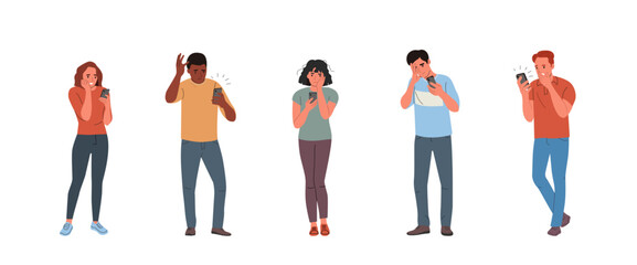 Different young  women and men looking in the smartphone and experiences fear, fright, stress. Flat style cartoon vector illustration.