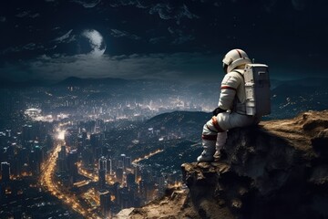 Astronaut and moon overlooking city night view, astronaut on top of mountain