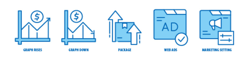 Marketing setting, Web ads, Package, Graph down, Graph rises editable stroke outline icons set isolated on white background flat vector illustration.