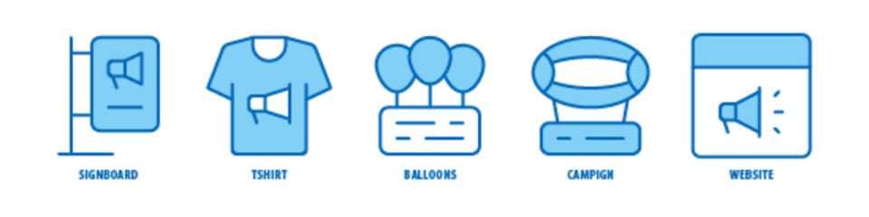 Website, Campaign, Balloons, T-shirt, Signboard editable stroke outline icons set isolated on white background flat vector illustration.