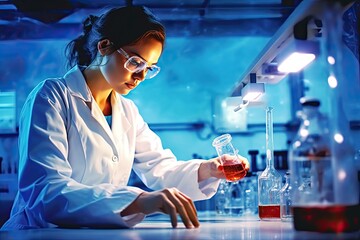 Female scientist working in laboratory testing substances with beaker - obrazy, fototapety, plakaty