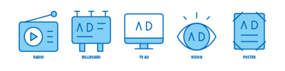 Poster, Vision, TV ad, Billboard, Radio editable stroke outline icons set isolated on white background flat vector illustration.