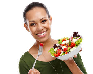Woman, salad and portrait with healthy eating for diet, wellness and nutrition with vegetables....