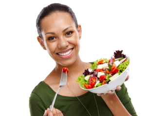 Woman, salad and portrait with healthy eating for diet, wellness and nutrition with vegetables. Happy, smile and lose weight with a female person for health isolated on a transparent, png background