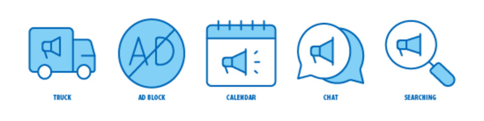 Searching, Chat, Calendar, Ad Block, Truck editable stroke outline icons set isolated on white background flat vector illustration.