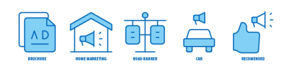 Recommended, Car, Road Banner, Home Marketing, Brochure editable stroke outline icons set isolated on white background flat vector illustration.