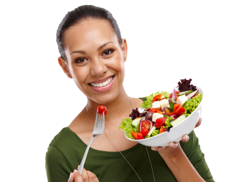 Woman, salad and portrait with healthy eating for diet, wellness and nutrition with vegetables. Happy, smile and lose weight with a female person for health isolated on a transparent, png background