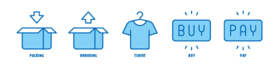 Pay, Buy, T-shirt, Unboxing, Packing editable stroke outline icons set isolated on white background flat vector illustration.