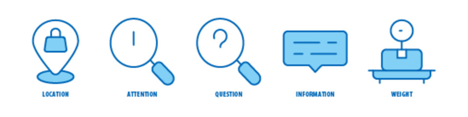 Weight, Information, Question, Attention, Location editable stroke outline icons set isolated on white background flat vector illustration.