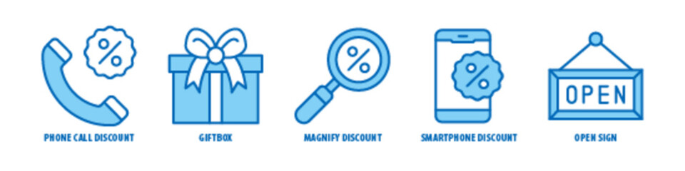 Open sign, Smartphone, Discount, Magnify, Discount, Giftbox, Phone call, Discount editable stroke outline icons set isolated on white background flat vector illustration.
