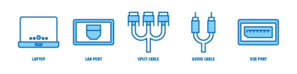 USB Port, Audio Cable, Split Cable, LAN Port, Laptop editable stroke outline icons set isolated on white background flat vector illustration.