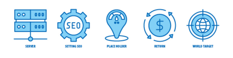 World, Target, Return, Place Holder, Setting, SEO, Server editable stroke outline icons set isolated on white background flat vector illustration.