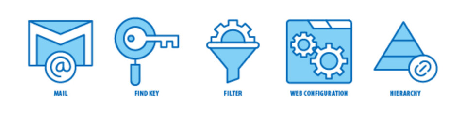 Hierarchy, Web Configuration, Filter, Find Key, Mail editable stroke outline icons set isolated on white background flat vector illustration.