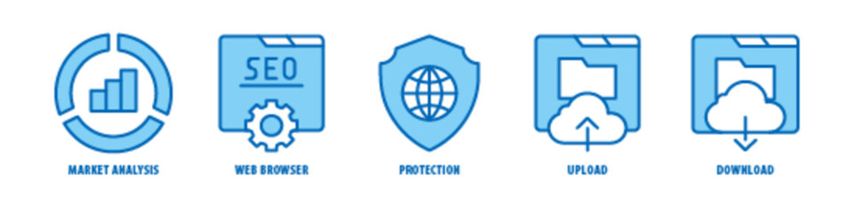 Obraz premium Download, Upload, Protection, Web Browser, Market Analysis editable stroke outline icons set isolated on white background flat vector illustration.