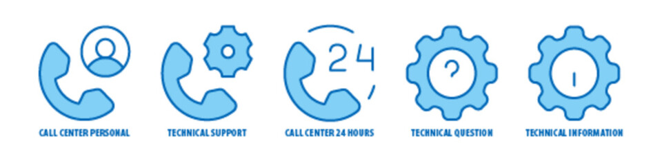 Technical Information, Technical question, Call Center 24 Hours, Technical Support, Call Center Personal editable stroke outline icons set isolated on white background flat vector illustration.