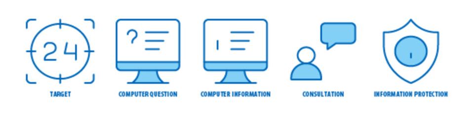 Information protection, Consultation, Computer Information, Computer Question, Target editable stroke outline icons set isolated on white background flat vector illustration.