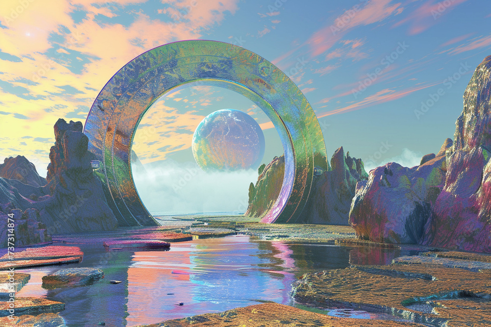 Poster a 3d rendering of an interdimensional portal leading to a surreal psychedelic landscape