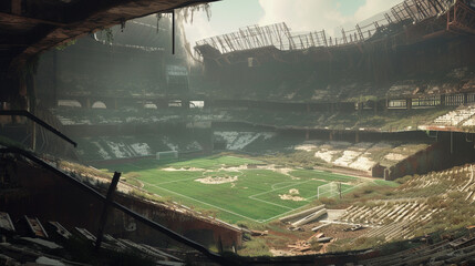 A 3D render of a run down soccer stadium in a post apocalyptic setting