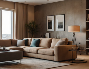 Modern living room interior with stylish comfortable sofa

