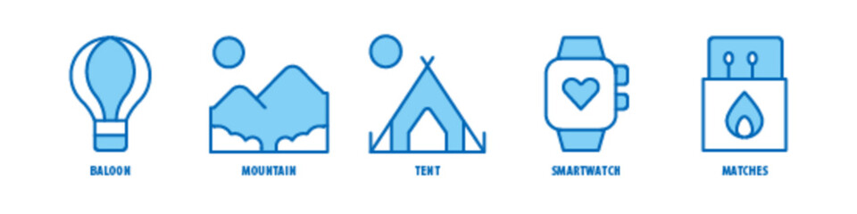 Matches, Smartwatch, Tent, Mountain, Balloon editable stroke outline icons set isolated on white background flat vector illustration.