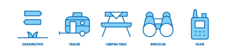 Talkie, Binocular, Camping Table, Trailer, Sign Direction editable stroke outline icons set isolated on white background flat vector illustration.