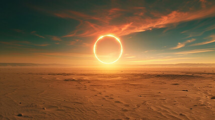 A bezel of light appearing as a portal in the monotonous stretches of a desolate futuristic desert