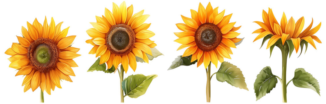 4 set of sunflowers flowers, isolated on a transparent background