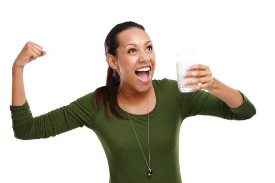 Isolated woman, milk and strong arm with smile, health or detox results by transparent png background. Girl, person and happy with drink for calcium, diet or nutrition choice for wellness in Mexico - Powered by Adobe