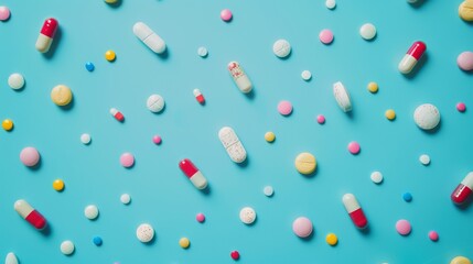 Many Pills capsules on blue background. Health care concept. Too many tablets. A lot of drug medicament. Cure flu medication. Pain killer bio medicine. Take food pilule. Pandemic Covid 19 treatment. - obrazy, fototapety, plakaty